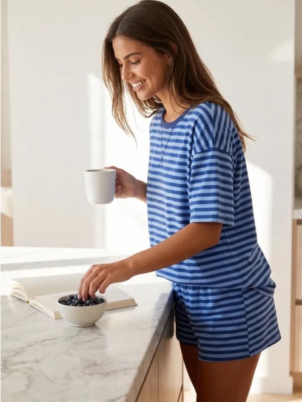 Palmer Women's Blue Striped Short Set - Lightweight Lounge Tee & Shorts